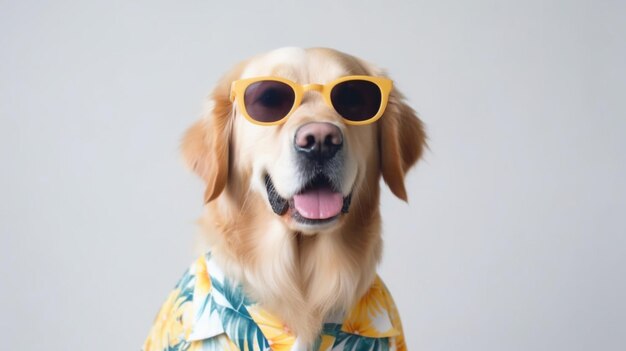 Ein Hund trägt ein T-Shirt mit der Aufschrift „Golden Retriever“.