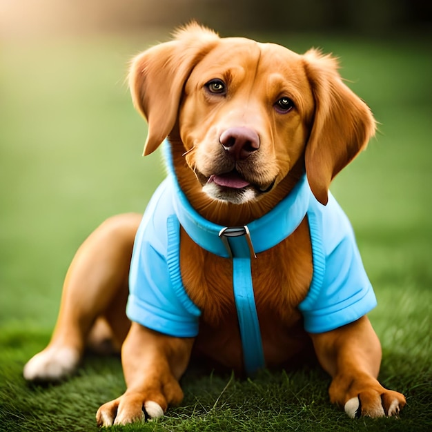 Ein Hund trägt eine blaue Jacke, auf der „Hund“ steht