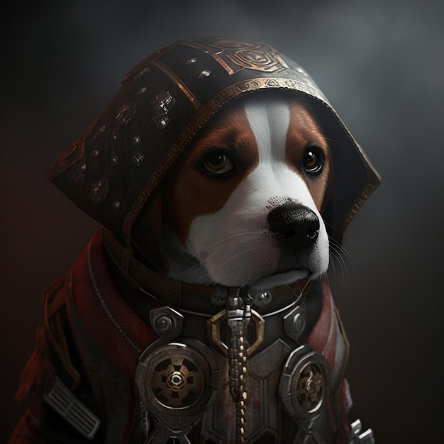 Ein Hund trägt einen Helm mit einem Stern darauf.