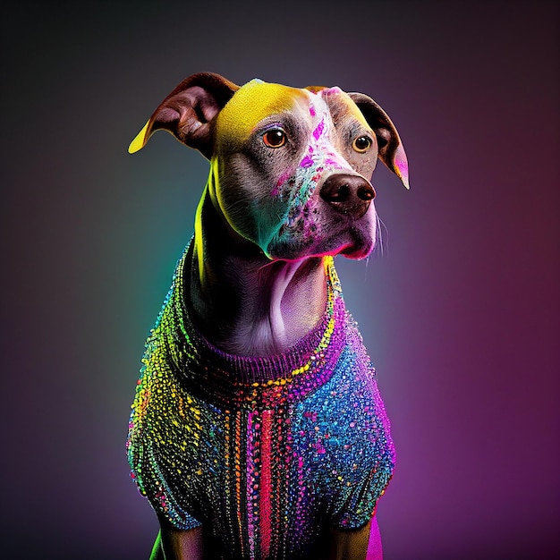 Ein Hund trägt einen Pullover mit dem Wort „Love“ darauf