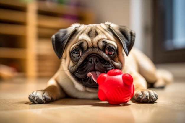 Ein Hund, umgeben von Spielzeug und beim Spielen