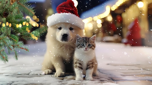 Ein Hund und eine Katze, die eine Weihnachtsmütze tragen