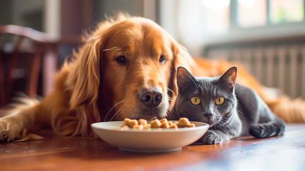 ein Hund und eine Katze essen aus demselben Teller, selektiver Fokus