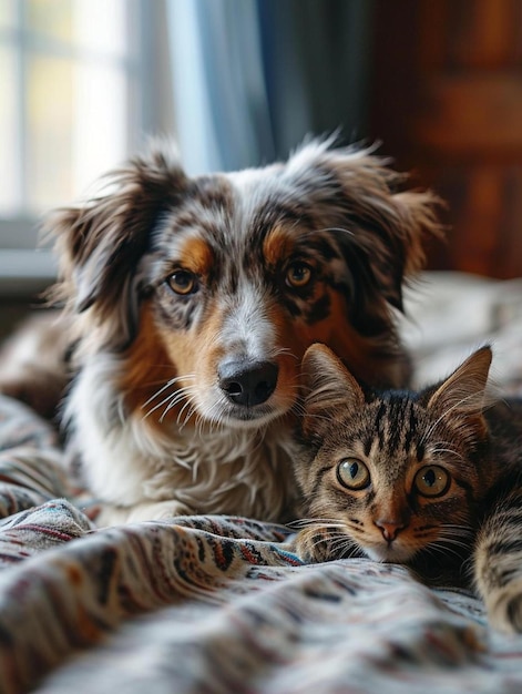 Ein Hund und eine Katze liegen auf einem Bett