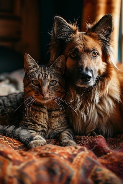 Ein Hund und eine Katze liegen auf einem Bett