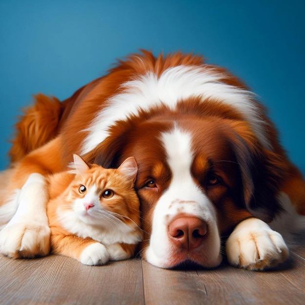 ein Hund und eine Katze liegen auf einem Holzboden