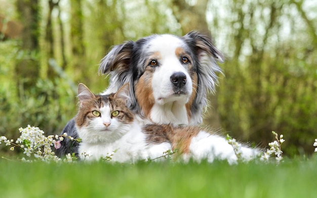 ein Hund und eine Katze liegen mit einem Hund im Gras