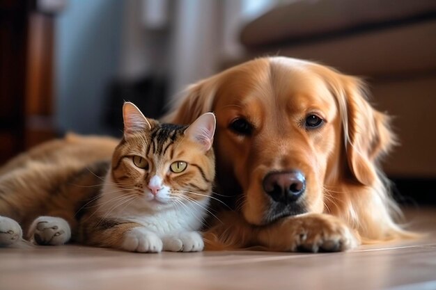 Ein Hund und eine Katze liegen zusammen auf dem Boden.