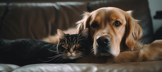 Ein Hund und eine Katze liegen zusammen auf einem Bett.