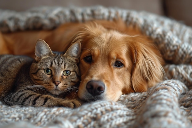 Ein Hund und eine Katze liegen zusammen unter einer warmen Decke zu Hause Freundschaft von Haustieren