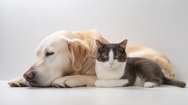 Ein Hund und eine Katze liegen zusammen.