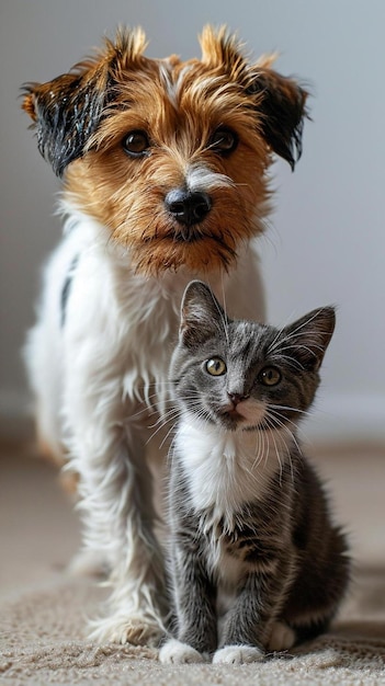 Foto ein hund und eine katze sitzen auf dem boden