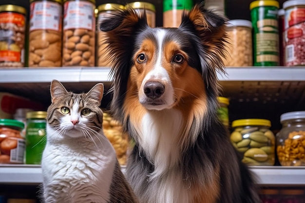 Ein Hund und eine Katze sitzen in einem Geschäft mit Nüssen im Regal