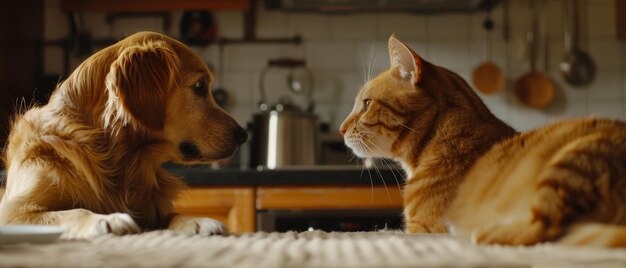 Foto ein hund und eine katze sitzen nebeneinander auf einem küchenboden und tauschen einen blick des verständnisses aus