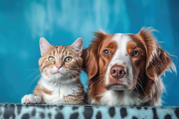 Ein Hund und eine Katze sitzen zusammen auf blauem Hintergrund. Generative KI