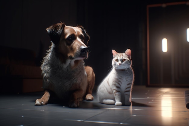 Ein Hund und eine Katze sitzen zusammen auf einem dunklen Boden.