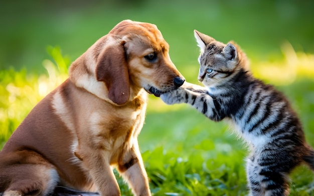 Ein Hund und eine Katze spielen miteinander