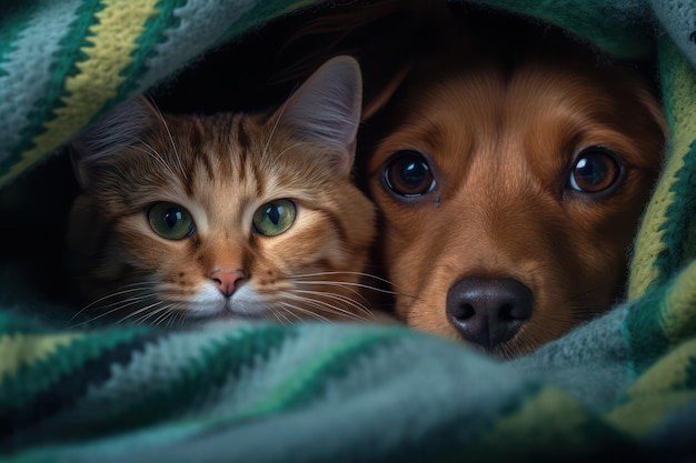 Ein Hund und eine Katze unter einer Decke