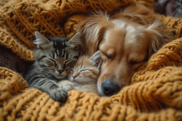 Ein Hund und zwei Katzen schlafen auf einer Decke