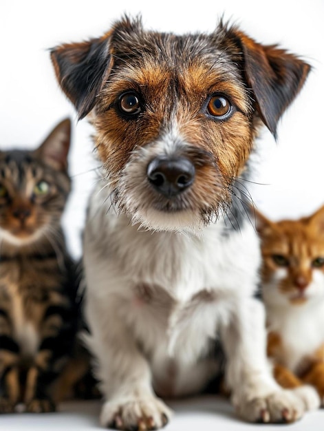 ein Hund und zwei Katzen sitzen nebeneinander