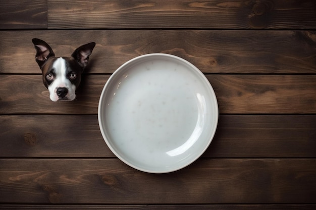 Ein Hund versucht, von einem leeren Keramikplatt auf einem alten, alten, gebürsteten Holztisch mit weißem Top-View-Konzept zu essen