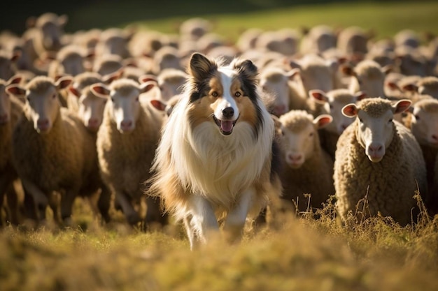 Ein Hund weidet Schafe auf einem Feld mit einer Schafherde.