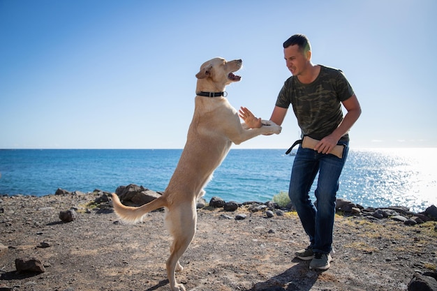 Ein Hundetrainer mit einem Labrador Retriever während eines Trainings am Meer