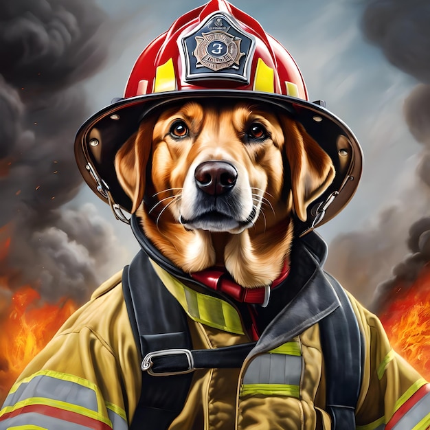Ein Hundfeuerwehrmann kämpft furchtlos gegen eine Flamme und schwingt mit Kraft und Entschlossenheit einen Feuerlöschschlauch