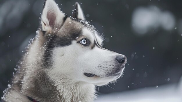 Foto ein husky-hund mit blauem auge und weißer nase ist im schnee