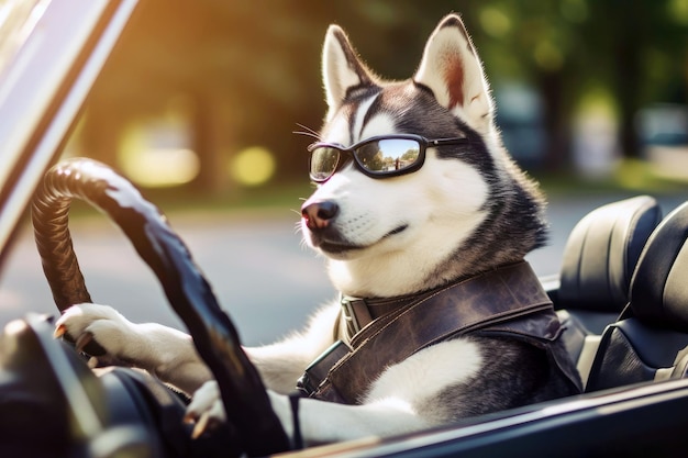 Ein Husky-Hund mit Sonnenbrille navigiert durch das Auto und zeigt eine Urlaubsfahrt mit einem Haustier