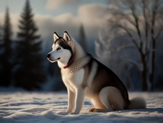 ein Husky-Hund sitzt im Schnee mit Bäumen im Hintergrund