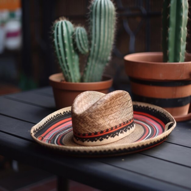 Ein Hut auf einem Tisch mit einem Kaktus im Hintergrund