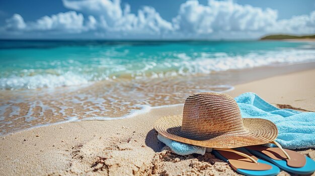 Foto ein hut und ein strohhut an einem strand mit einem blauen handtuch