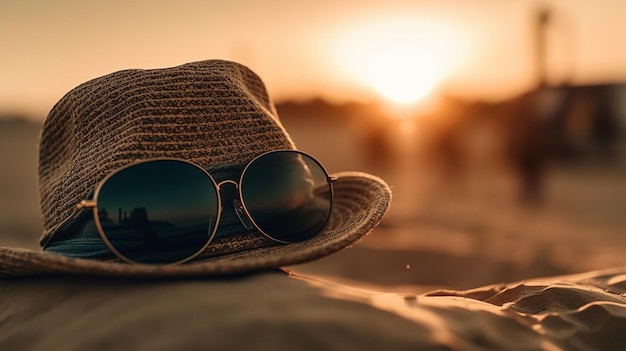 Ein Hut und eine Sonnenbrille am Strand bei Sonnenuntergang