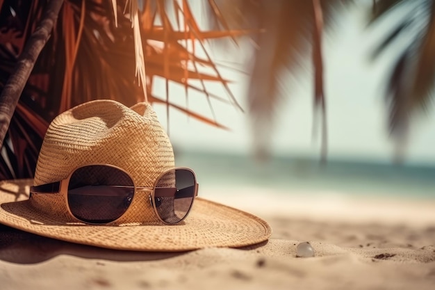 Ein Hut und eine Sonnenbrille an einem Strand