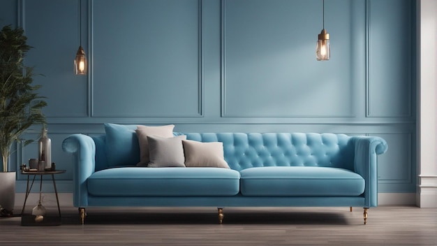 Ein hyper-realistisches himmelblaues Sofa mit hellblauem Wandhintergrund 8k