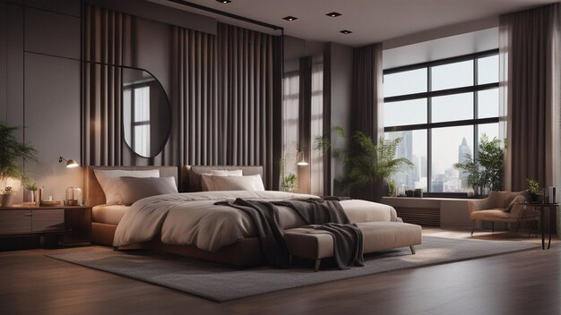 Ein hyper-realistisches modernes Schlafzimmer mit Fenster 8k