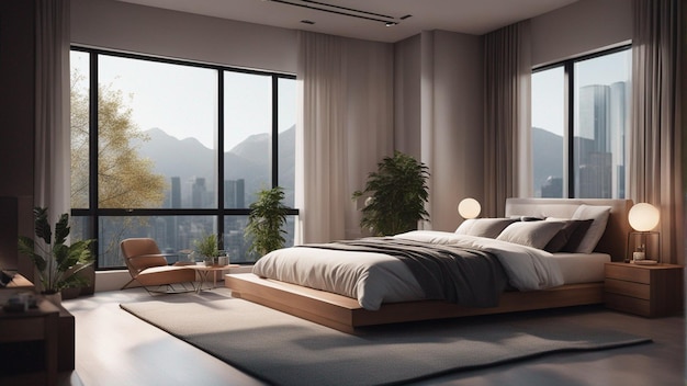 Ein hyper-realistisches modernes Schlafzimmer mit Fenster 8k