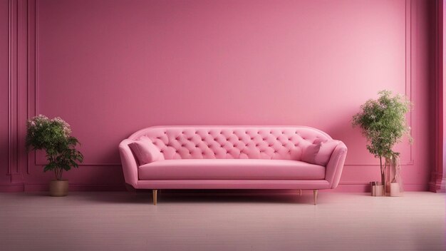 Ein hyper-realistisches rosa Sofa mit rosa Wandhintergrund 8k