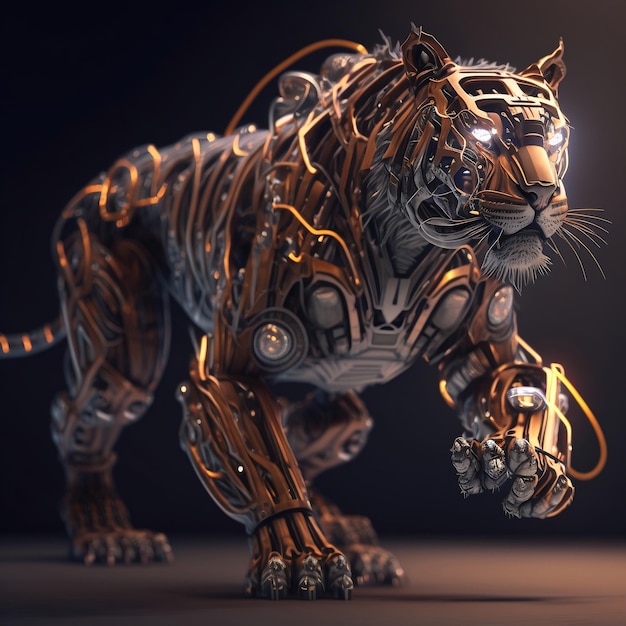 Ein hyperdetailliertes, komplexes 3D-Rendering einer generativen Cyborg-Tiger-KI