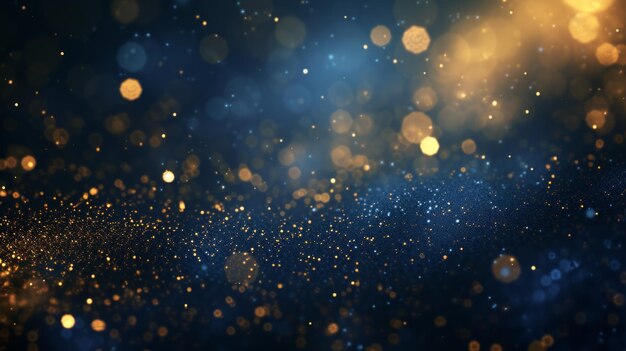 Ein hyperrealistischer abstrakter Hintergrund mit dunkelblauen und goldenen Partikeln, die den festlichen Geist von Weihnachten mit goldenen Lichtpartikeln und Bokeh-Effekten verkörpern, AI Generative