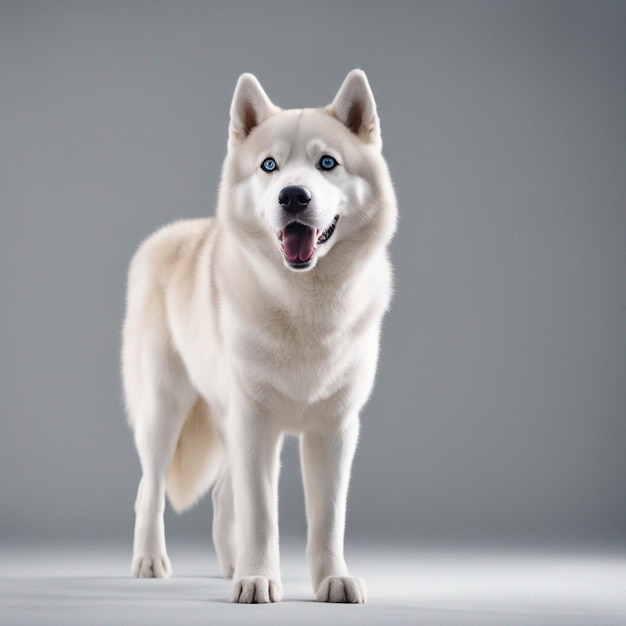 Ein hyperrealistischer Siberian Husky-Hund mit vollem Körper und weißem Hintergrund