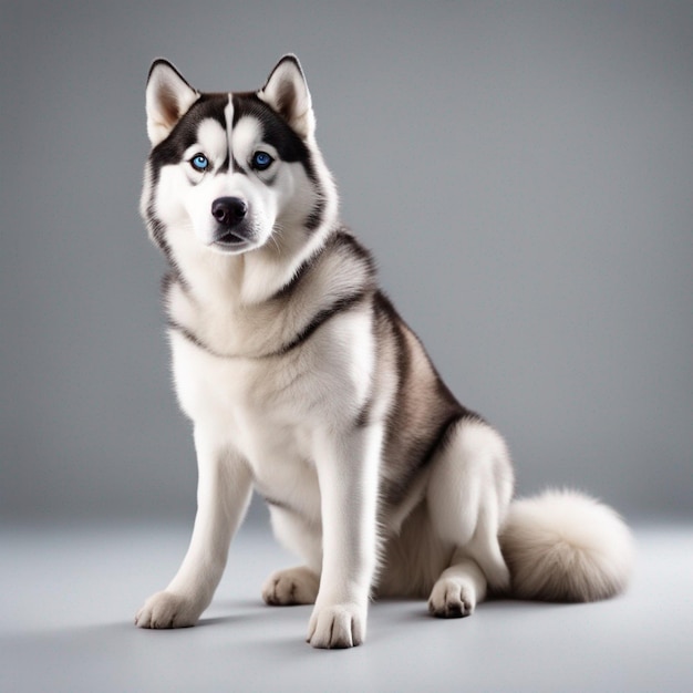 Ein hyperrealistischer Siberian Husky-Hund mit vollem Körper und weißem Hintergrund