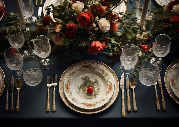 Ein hyperrealistisches Bild eines Tischs für eine formelle Dinnerparty mit elegantem Porzellankristall