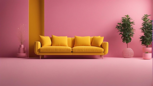 Ein hyperrealistisches gelbes Sofa mit rosa Wandhintergrund 8k