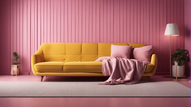 Ein hyperrealistisches gelbes Sofa mit rosa Wandhintergrund 8k