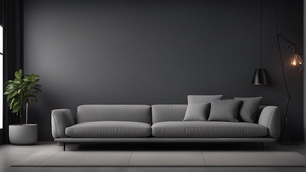 Ein hyperrealistisches graues Sofa mit schwarzem Wandhintergrund 8k