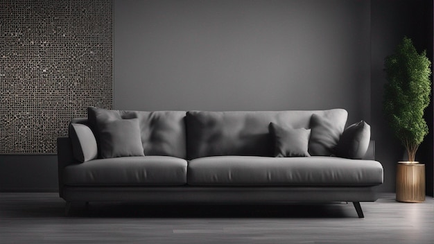 Foto ein hyperrealistisches graues sofa mit schwarzem wandhintergrund 8k