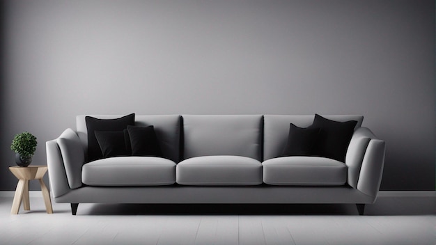 Ein hyperrealistisches graues Sofa mit schwarzem Wandhintergrund 8k