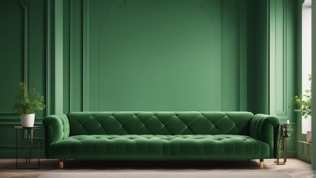 Ein hyperrealistisches grünes Sofa mit hellgrünem Wandhintergrund 8k